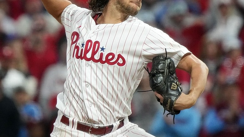 Philadelphia Phillies starting pitcher Aaron Nola (27) throws to the Arizona Diamondbacks in the sixth inning during Game 2 of the NLCS at Citizens Bank Park in Philadelphia on Oct. 17, 2023.