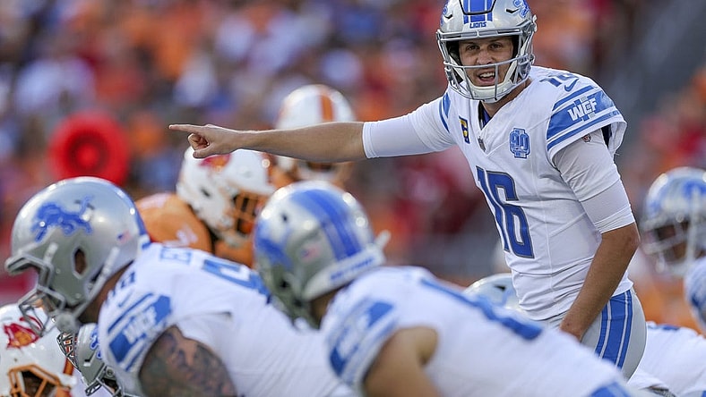 Oct 15, 2023; Tampa, Florida, USA;  Detroit Lions quarterback Jared Goff (16) calls a play at the line against the Tampa Bay Buccaneers in the first quarter at Raymond James Stadium. Mandatory Credit: Nathan Ray Seebeck-USA TODAY Sports