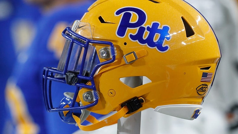 Oct 14, 2023; Pittsburgh, Pennsylvania, USA;  A Pittsburgh Panthers helmet on the sidelines against the Louisville Cardinals during the fourth quarter at Acrisure Stadium. Mandatory Credit: Charles LeClaire-USA TODAY Sports