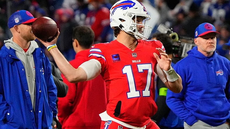 Oct 15, 2023; Orchard Park, New York, USA; Buffalo Bills quarterback Josh Allen (17) warms up prior to the game against the New York Giants at Highmark Stadium. Mandatory Credit: Gregory Fisher-USA TODAY Sports