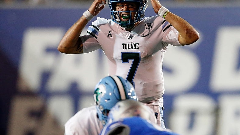 Oct 13, 2023; Memphis, Tennessee, USA; Tulane Green Wave quarterback Michael Pratt (7) signals prior to the snap against the Memphis Tigers during the first half at Simmons Bank Liberty Stadium. Mandatory Credit: Petre Thomas-USA TODAY Sports