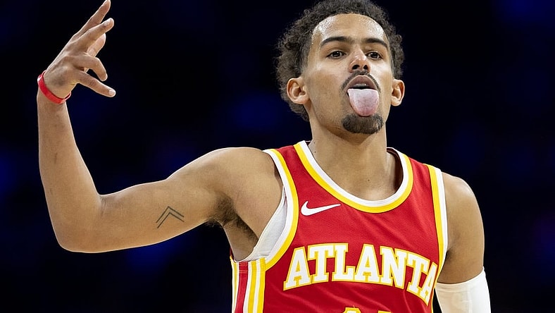 Oct 20, 2023; Philadelphia, Pennsylvania, USA; Atlanta Hawks guard Trae Young (11) reacts after a score against the Philadelphia 76ers during the third quarter at Wells Fargo Center. Mandatory Credit: Bill Streicher-USA TODAY Sports