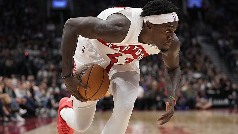 Oct 20, 2023; Toronto, Ontario, CAN; Toronto Raptors forward Pascal Siakam (43) drives to the net against the Washington Wizards during the first half at Scotiabank Arena. Mandatory Credit: John E. Sokolowski-USA TODAY Sports