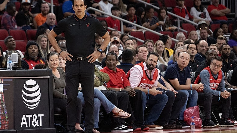 Oct 20, 2023; Houston, Texas, USA; Miami Heat head coach Rick Carlisle watches his team play against the Houston Rockets in the fourth quarter at Toyota Center. Mandatory Credit: Thomas Shea-USA TODAY Sports