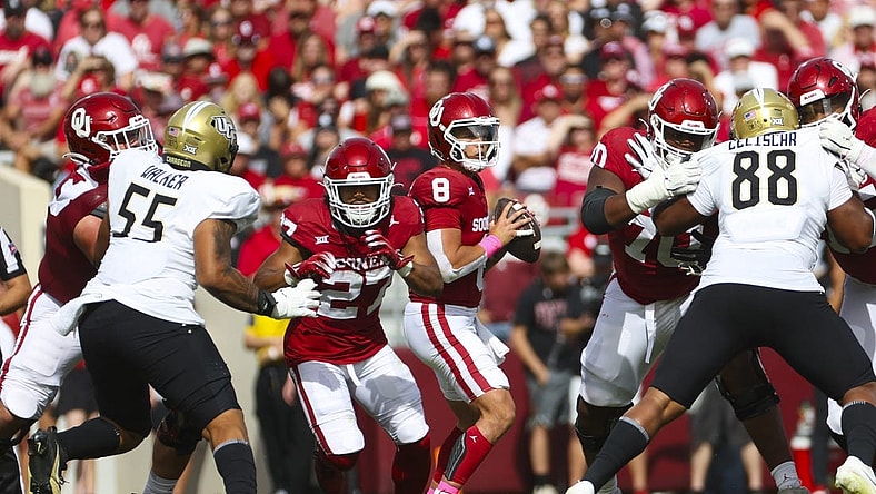 Oct 21, 2023; Norman, Oklahoma, USA;  Oklahoma Sooners quarterback Dillon Gabriel (8) throws during the second quarter against the UCF Knights at Gaylord Family-Oklahoma Memorial Stadium. Mandatory Credit: Kevin Jairaj-USA TODAY Sports