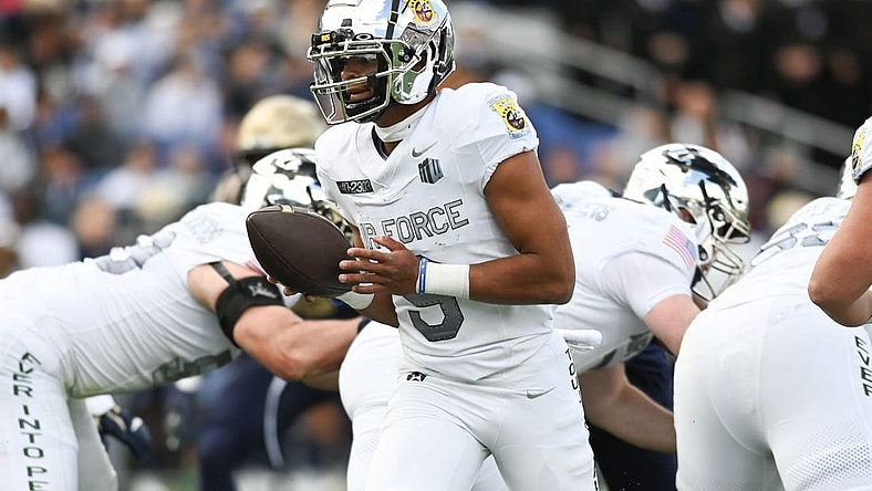 Oct 21, 2023; Annapolis, Maryland, USA;  Air Force Falcons quarterback Zac Larrier (9) drops back to the pocket during the second half against the Navy Midshipmen at Navy-Marine Corps Memorial Stadium. Mandatory Credit: Tommy Gilligan-USA TODAY Sports
