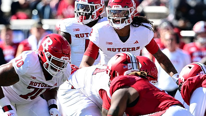 Oct 21, 2023; Bloomington, Indiana, USA; Rutgers Scarlet Knights running back Kyle Monangai (5) yells to his team during the first quarter against the Indiana Hoosiers at Memorial Stadium. Mandatory Credit: Marc Lebryk-USA TODAY Sports