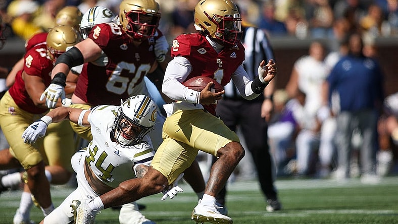Oct 21, 2023; Atlanta, Georgia, USA; Boston College Eagles quarterback Thomas Castellanos (1) runs the ball against the Georgia Tech Yellow Jackets in the second quarter at Bobby Dodd Stadium at Hyundai Field. Mandatory Credit: Brett Davis-USA TODAY Sports