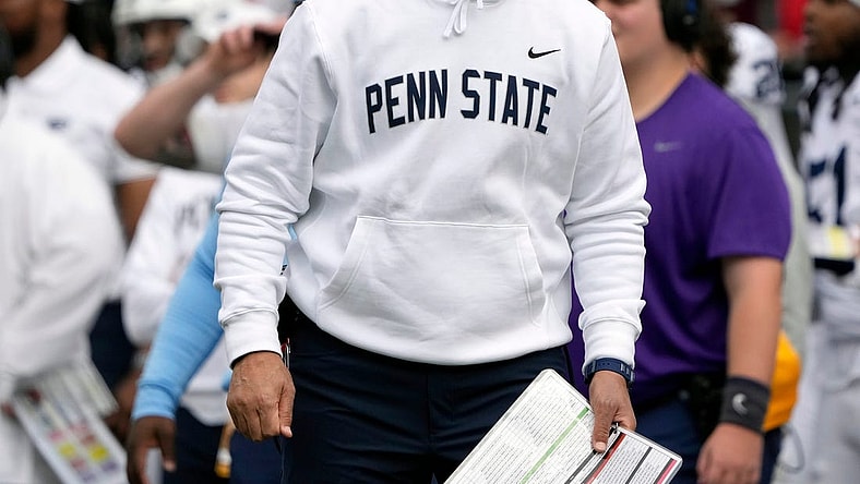 Oct 21, 2023; Columbus, Ohio, USA; Penn State Nittany Lions head coach James Franklin yells after a call against his defense during the second quarter of their game at Ohio Stadium.