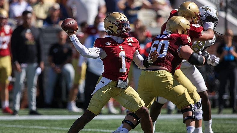 Oct 21, 2023; Atlanta, Georgia, USA; Boston College Eagles quarterback Thomas Castellanos (1) throws a pass against the Georgia Tech Yellow Jackets in the second half at Bobby Dodd Stadium at Hyundai Field. Mandatory Credit: Brett Davis-USA TODAY Sports