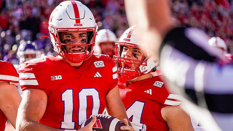 Oct 21, 2023; Lincoln, Nebraska, USA; Nebraska Cornhuskers quarterback Heinrich Haarberg (10) and tight end Luke Lindenmeyer (44) celebrate after a touchdown by Haarberg against the Northwestern Wildcats during the second quarter at Memorial Stadium. Mandatory Credit: Dylan Widger-USA TODAY Sports