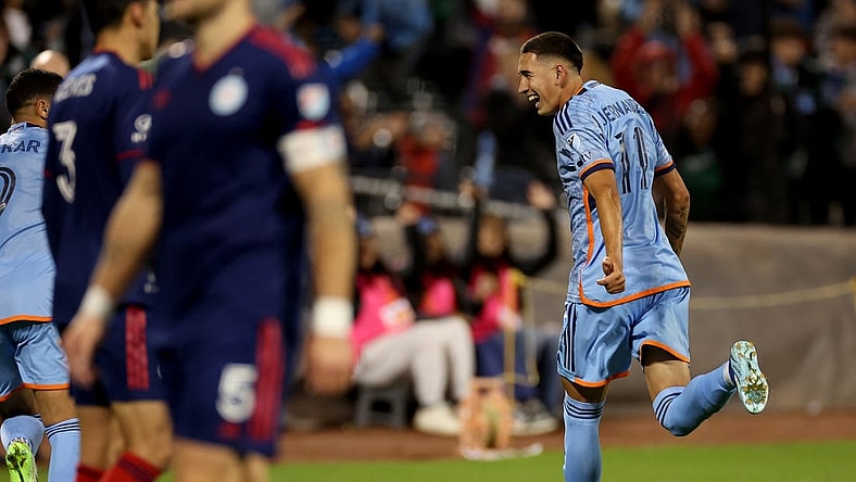 Oct 21, 2023; New York, NY, New York, NY, USA; New York City FC forward Julian Fernandez (11) reacts after scoring during the second half against the Chicago Fire at Citi Field. Mandatory Credit: Vincent Carchietta-USA TODAY Sports