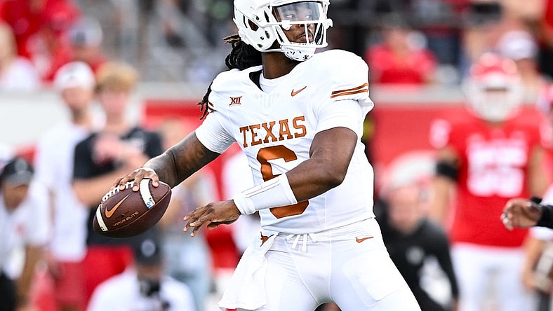 Oct 21, 2023; Houston, Texas, USA; Texas Longhorns quarterback Maalik Murphy (6) looks to pass the ball during the fourth quarter against the Houston Cougars at TDECU Stadium. Mandatory Credit: Maria Lysaker-USA TODAY Sports