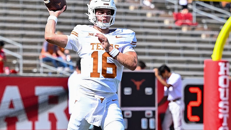 Oct 21, 2023; Houston, Texas, USA; Texas Longhorns quarterback Arch Manning (16) warms up prior to the game against the Houston Cougars at TDECU Stadium. Mandatory Credit: Maria Lysaker-USA TODAY Sports