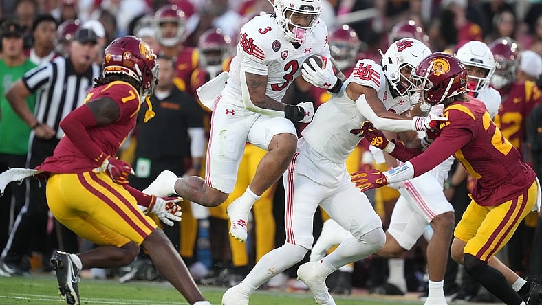 Oct 21, 2023; Los Angeles, California, USA; Utah Utes running back Ja'Quinden Jackson (3) carries the ball against the Southern California Trojans in the first half at United Airlines Field at Los Angeles Memorial Coliseum. Mandatory Credit: Kirby Lee-USA TODAY Sports
