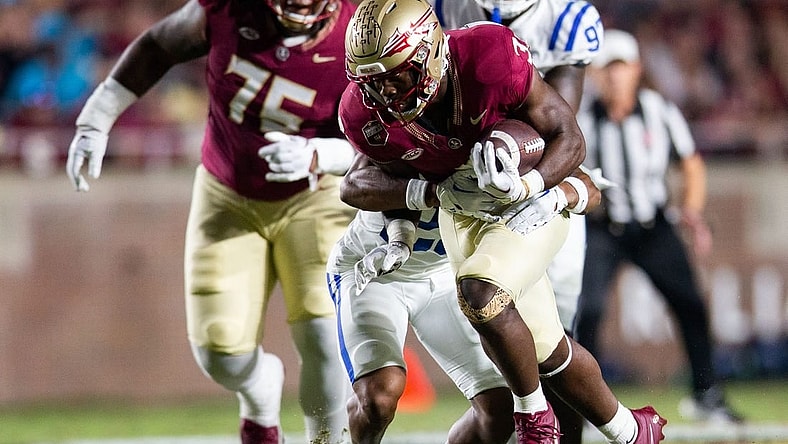 The Duke Blue Devils lead the Florida State Seminoles 20-17 at the half on Saturday, Oct. 21, 2023.