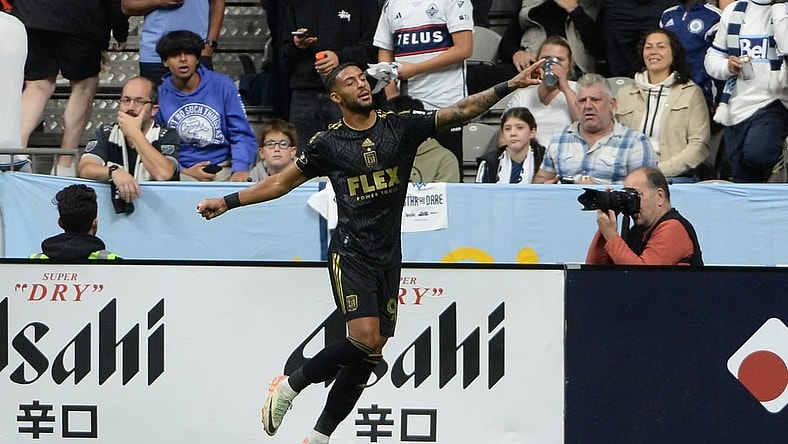 Oct 21, 2023; Vancouver, British Columbia, CAN;  Los Angeles FC forward Denis Bouanga (99) reacts after scoring against the Vancouver Whitecaps FC during the first half at BC Place. Mandatory Credit: Anne-Marie Sorvin-USA TODAY Sports