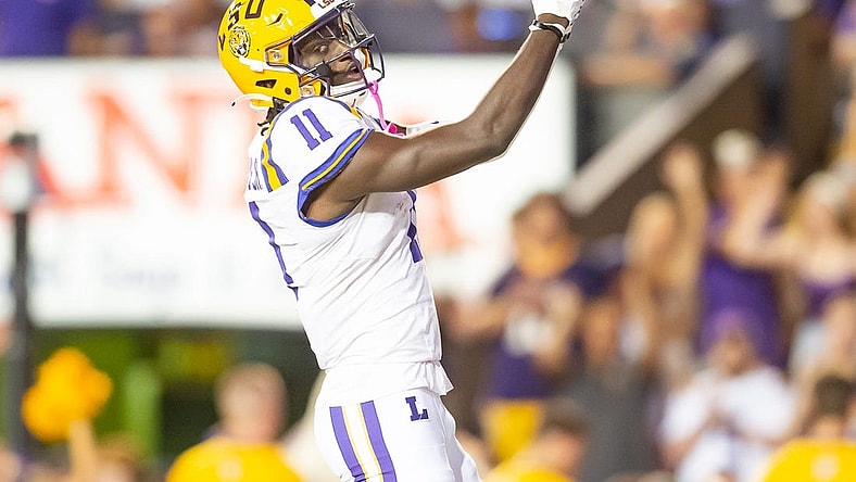 Brian Thomas Jr (11) pick six and scores a touchdown as the LSU Tigers take on the the Army Black Knights in Tiger Stadium in Baton Rouge, Louisiana, October. 21, 2023.