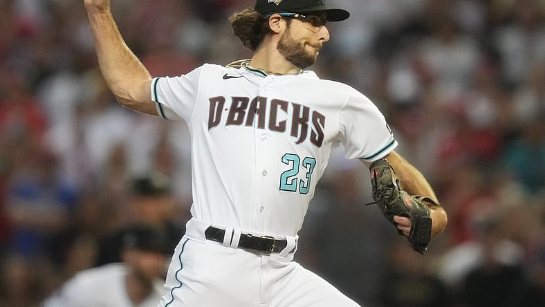 Arizona Diamondbacks pitcher Zac Gallen (23) throws a pitch in the first inning against the Philadelphia Phillies in Game 5 of the NLCS of the 2023 MLB playoffs on Oct. 21, 2023, at Chase Field in Phoenix, AZ. The Phillies beat the Diamondbacks 6-1, giving Philadelphia the overall lead of 3-2 in the NLCS playoffs.