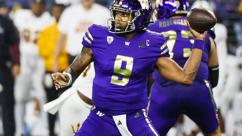 Oct 21, 2023; Seattle, Washington, USA; Washington Huskies quarterback Michael Penix Jr. (9) passes against the Arizona State Sun Devils during the second quarter at Alaska Airlines Field at Husky Stadium. Mandatory Credit: Joe Nicholson-USA TODAY Sports