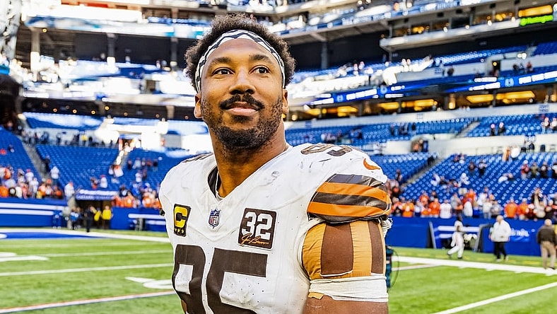 Oct 22, 2023; Indianapolis, Indiana, USA;Cleveland Browns defensive end Myles Garrett (95) walks on the field after the game against the Indianapolis Colts at Lucas Oil Stadium. Mandatory Credit: Trevor Ruszkowski-USA TODAY Sports