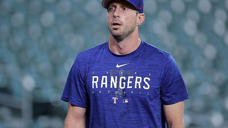 Oct 22, 2023; Houston, Texas, USA; Texas Rangers starting pitcher Max Scherzer (31) practices before game six of the ALCS for the 2023 MLB playoffs against the Houston Astros at Minute Maid Park. Mandatory Credit: Erik Williams-USA TODAY Sports
