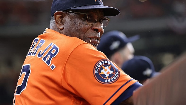 Oct 22, 2023; Houston, Texas, USA; Houston Astros manager Dusty Baker (12) in the first inning during game six of the ALCS for the 2023 MLB playoffs against the Texas Rangers at Minute Maid Park. Mandatory Credit: Troy Taormina-USA TODAY Sports