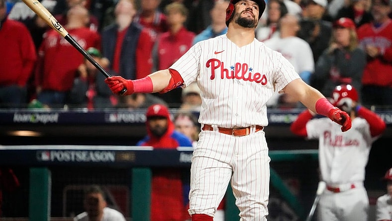 Philadelphia Phillies left fielder Kyle Schwarber (12) reacts to striking out during the fifth inning against the Arizona Diamondbacks in Game 6 of the NLCS at Citizens Bank Park on Oct. 23, 2023, in Philadelphia, PA. The Arizona Diamondbacks won Game 6 of the NLCS against the Philadelphia Phillies, 5-1.