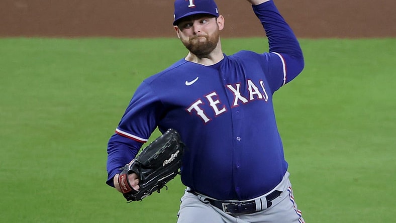Oct 23, 2023; Houston, Texas, USA; Texas Rangers pitcher Jordan Montgomery (52) throws during the fifth inning of game seven in the ALCS against the Houston Astros for the 2023 MLB playoffs at Minute Maid Park. Mandatory Credit: Erik Williams-USA TODAY Sports