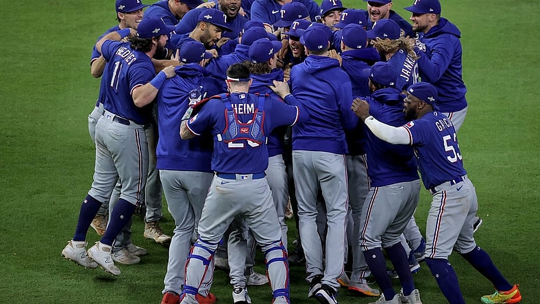 Oct 23, 2023; Houston, Texas, USA; Texas Rangers players celebrate after winning game seven in the ALCS against the Houston Astros for the 2023 MLB playoffs at Minute Maid Park.  Mandatory Credit: Erik Williams-USA TODAY Sports