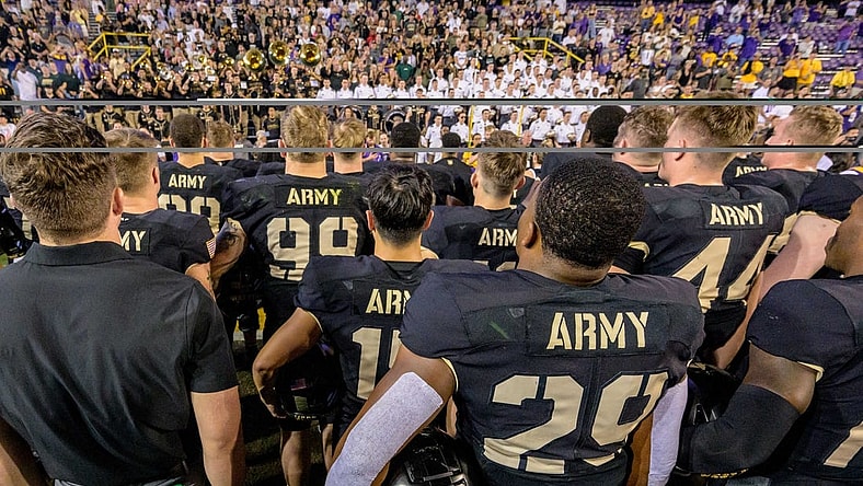 Oct 21, 2023; Baton Rouge, Louisiana, USA; Army Black Knights line up for the alma mater after a game against the LSU Tigers at Tiger Stadium. Mandatory Credit: Matthew Hinton-USA TODAY Sports