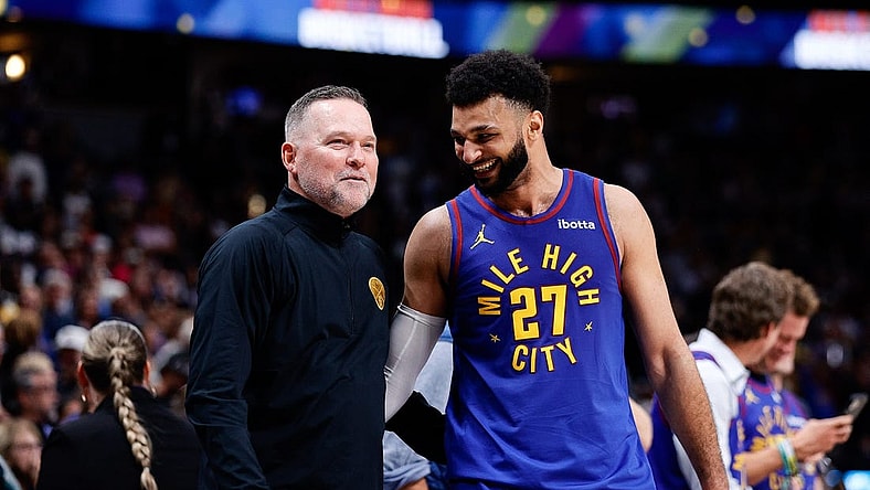 Oct 24, 2023; Denver, Colorado, USA; Denver Nuggets head coach Michael Malone and guard Jamal Murray (27) in the fourth quarter against the Los Angeles Lakers at Ball Arena. Mandatory Credit: Isaiah J. Downing-USA TODAY Sports