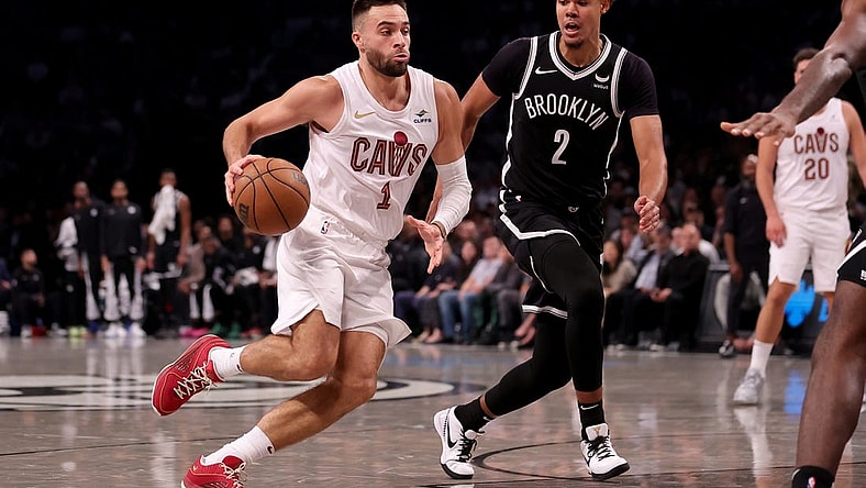Oct 25, 2023; Brooklyn, New York, USA; Cleveland Cavaliers guard Max Strus (1) drives to the basket against Brooklyn Nets forward Cameron Johnson (2) during the second quarter at Barclays Center. Mandatory Credit: Brad Penner-USA TODAY Sports
