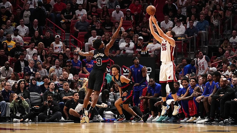 Oct 25, 2023; Miami, Florida, USA; Miami Heat forward Duncan Robinson (55) attempts a three point shot against the Detroit Pistons during the first half at Kaseya Center. Mandatory Credit: Jasen Vinlove-USA TODAY Sports