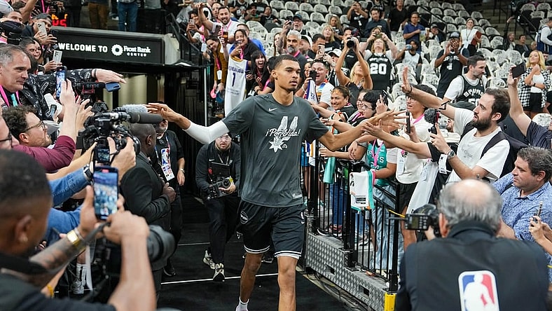 Oct 25, 2023; San Antonio, Texas, USA; San Antonio Spurs center Victor Wembanyama (1) enters the court before the game against the Dallas Mavericks at the Frost Bank Center. Mandatory Credit: Daniel Dunn-USA TODAY Sports