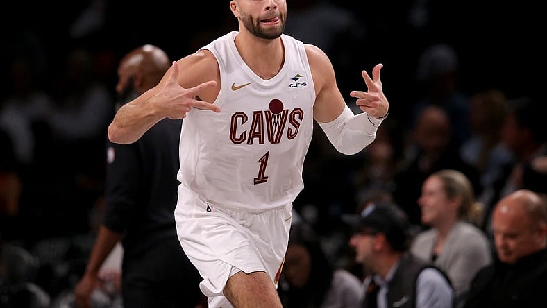Oct 25, 2023; Brooklyn, New York, USA; Cleveland Cavaliers guard Max Strus (1) reacts after hitting a three point shot against the Brooklyn Nets during the third quarter at Barclays Center. Mandatory Credit: Brad Penner-USA TODAY Sports