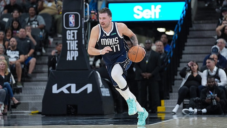 Oct 25, 2023; San Antonio, Texas, USA; Dallas Mavericks guard Luka Doncic (77) dribbles in the first half against the San Antonio Spurs at the Frost Bank Center. Mandatory Credit: Daniel Dunn-USA TODAY Sports