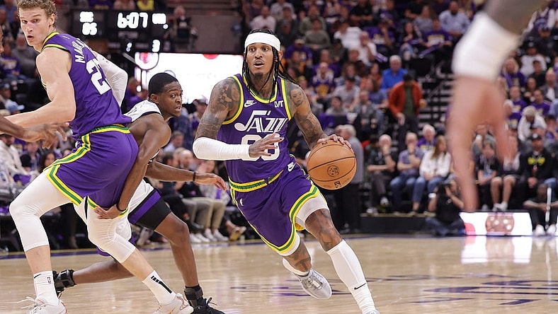 Oct 25, 2023; Salt Lake City, Utah, USA;  Utah Jazz guard Jordan Clarkson (00) controls the ball during the second half against the Sacramento Kings at Delta Center. Mandatory Credit: Chris Nicoll-USA TODAY Sports