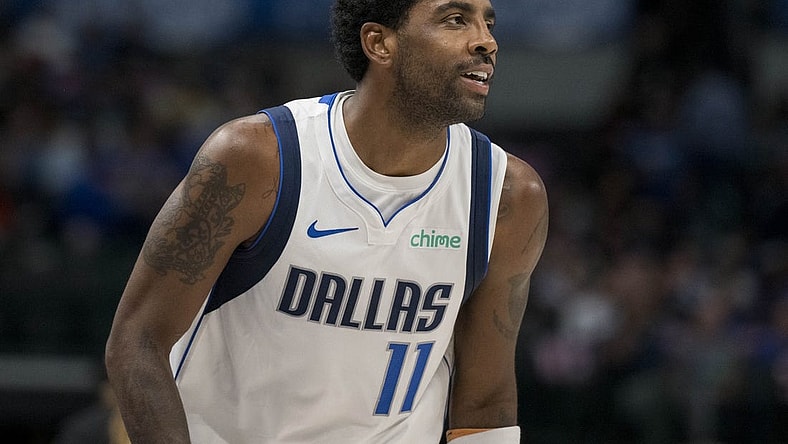 Oct 20, 2023; Dallas, Texas, USA; Dallas Mavericks guard Kyrie Irving (11) in action during the game between the Dallas Mavericks and the Detroit Pistons at the American Airlines Center. Mandatory Credit: Jerome Miron-USA TODAY Sports