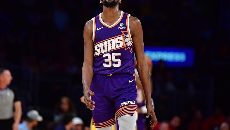 Oct 26, 2023; Los Angeles, California, USA; Phoenix Suns forward Kevin Durant (35) reacts after a turnover against the Los Angeles Lakers during the second half at Crypto.com Arena. Mandatory Credit: Gary A. Vasquez-USA TODAY Sports