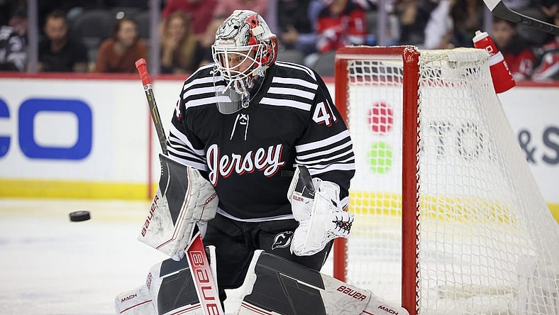 Oct 27, 2023; Newark, New Jersey, USA; New Jersey Devils goaltender Vitek Vanecek (41) makes a save during the second period against the Buffalo Sabres at Prudential Center. Mandatory Credit: Vincent Carchietta-USA TODAY Sports