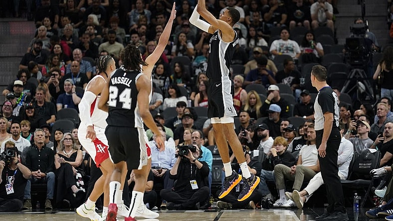 Oct 27, 2023; San Antonio, Texas, USA; San Antonio Spurs forward Victor Wembanyama (1) shoots during the first half against the Houston Rockets at Frost Bank Center. Mandatory Credit: Scott Wachter-USA TODAY Sports
