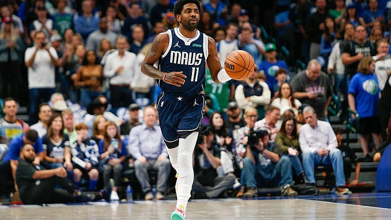 Oct 27, 2023; Dallas, Texas, USA; Dallas Mavericks guard Kyrie Irving (11) brings the ball up the court during the first quarter against the Brooklyn Nets at American Airlines Center. Mandatory Credit: Andrew Dieb-USA TODAY Sports