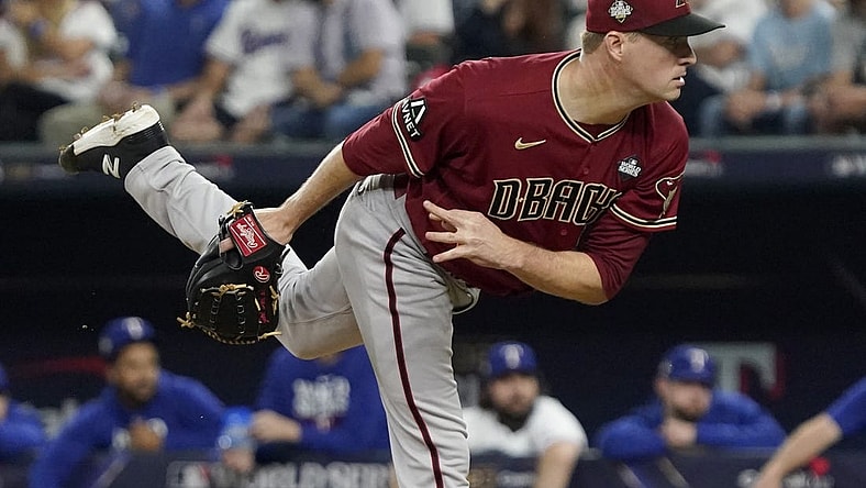 Oct 27, 2023; Arlington, TX, USA; Arizona Diamondbacks pitcher Joe Mantiply (35) throws during the seventh inning in game one of the 2023 World Series against the Texas Rangers at Globe Life Field. Mandatory Credit: Raymond Carlin III-USA TODAY Sports