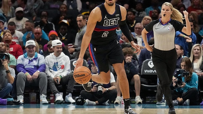 Oct 27, 2023; Charlotte, North Carolina, USA; Detroit Pistons guard Cade Cunningham (2) brings up the ball during the second half against the Charlotte Hornets  at Spectrum Center. Mandatory Credit: Jim Dedmon-USA TODAY Sports