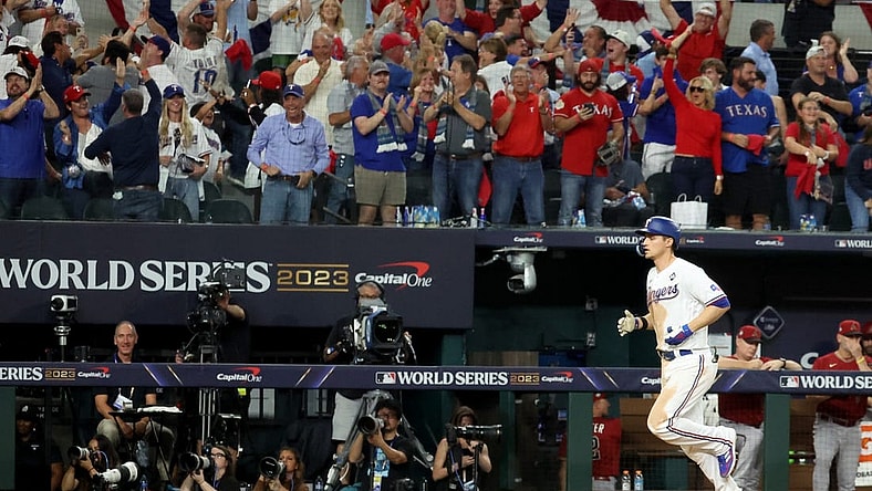 Oct 27, 2023; Arlington, TX, USA; Texas Rangers shortstop Corey Seager (5) rounds the bases after hitting a two-run home run during the ninth inning in game one of the 2023 World Series against the Arizona Diamondbacks at Globe Life Field. Mandatory Credit: Kevin Jairaj-USA TODAY Sports