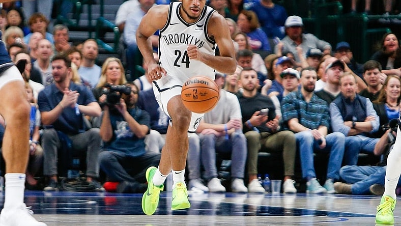 Oct 27, 2023; Dallas, Texas, USA; Brooklyn Nets guard Cam Thomas (24) breaks up the court during the third quarter against the Dallas Mavericks at American Airlines Center. Mandatory Credit: Andrew Dieb-USA TODAY Sports