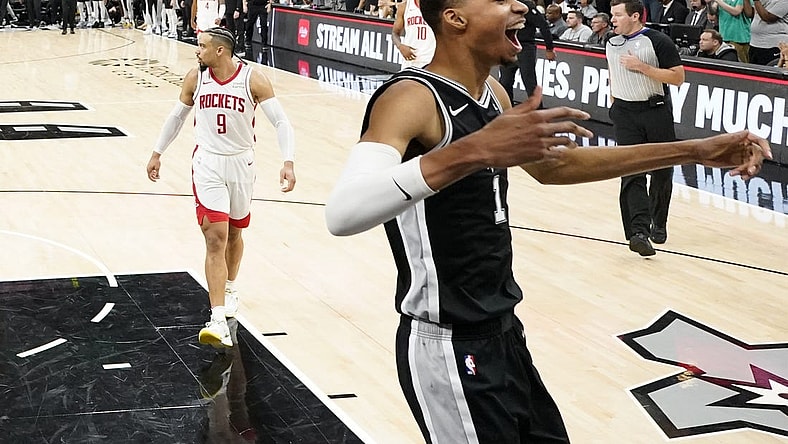 Oct 27, 2023; San Antonio, Texas, USA; San Antonio Spurs forward Victor Wembanyama (1) celebrates his first NBA victory after the Spurs defeated the Houston Rockets at Frost Bank Center. Mandatory Credit: Scott Wachter-USA TODAY Sports