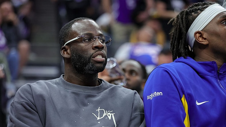 Oct 27, 2023; Sacramento, California, USA; Golden State Warriors forward Draymond Green (23) looks on from the bench during the fourth quarter against the Sacramento Kings at Golden 1 Center. Mandatory Credit: Sergio Estrada-USA TODAY Sports