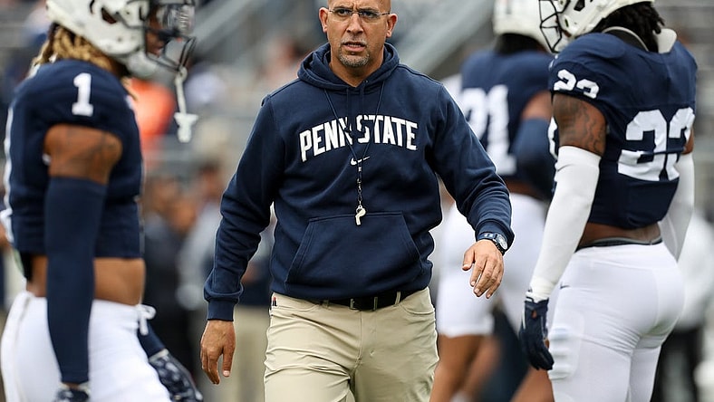 Oct 28, 2023; University Park, Pennsylvania, USA; Penn State Nittany Lions head coach James Franklin walks on the field during warmups before the game against the Indiana Hoosiers at Beaver Stadium. Mandatory Credit: Matthew O'Haren-USA TODAY Sports